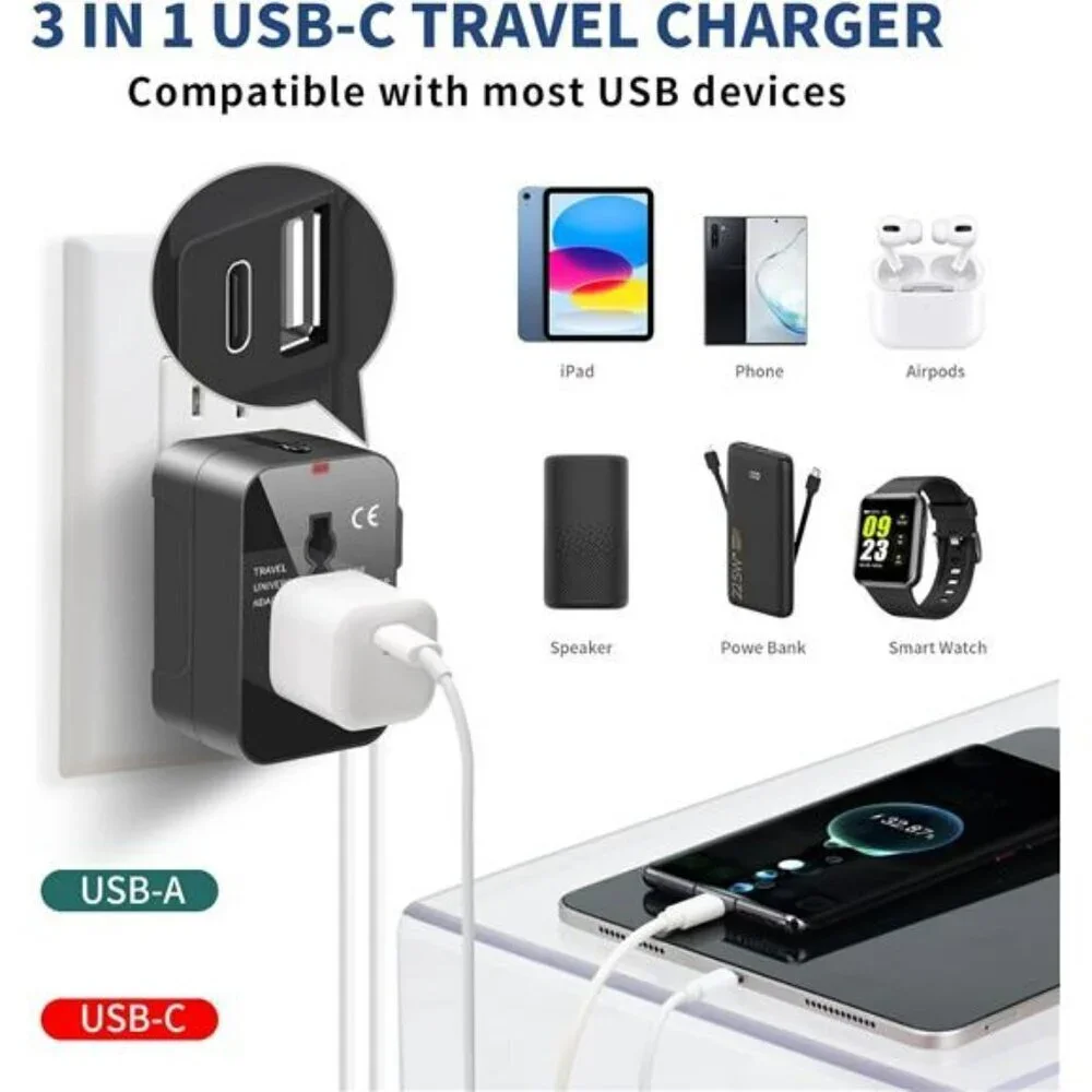 Travel Adapter with USB C Universal All in One Worldwide Travel Adapter Power C